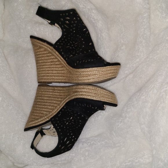 Marc Fisher S. 7.5 Black Suede Leather Tan Espadrille Wedges - Picture 2 of 11